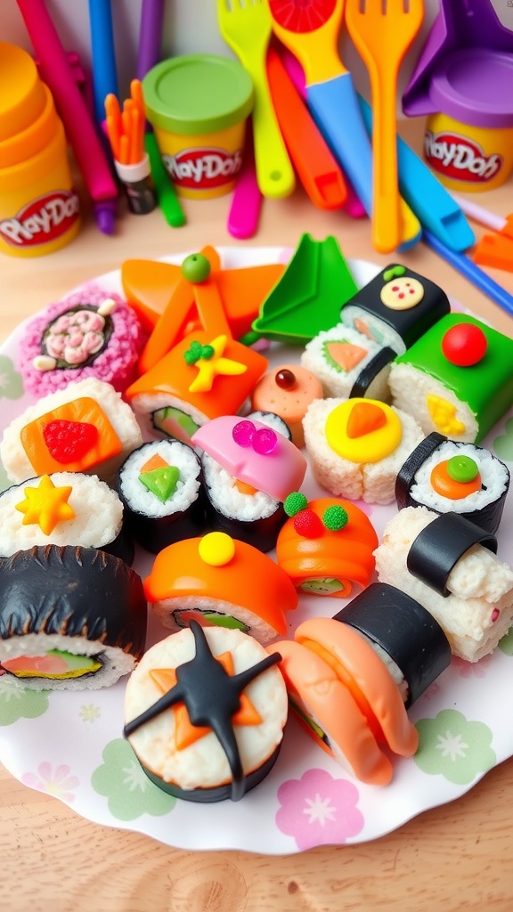 A fun arrangement of colorful Play-Doh sushi on a paper plate, showcasing various sushi shapes and colors.